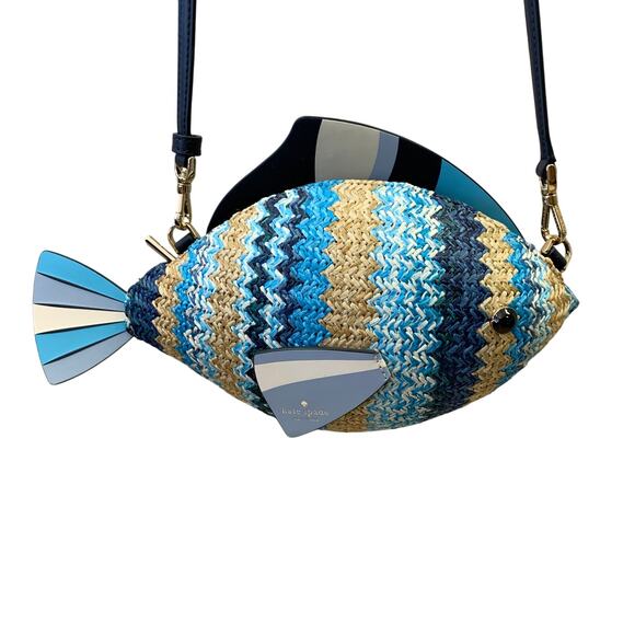 Kate Spade What A Catch 3D Fish Crossbody Bag Blue Multicolor Straw + Leather - Picture 1 of 8